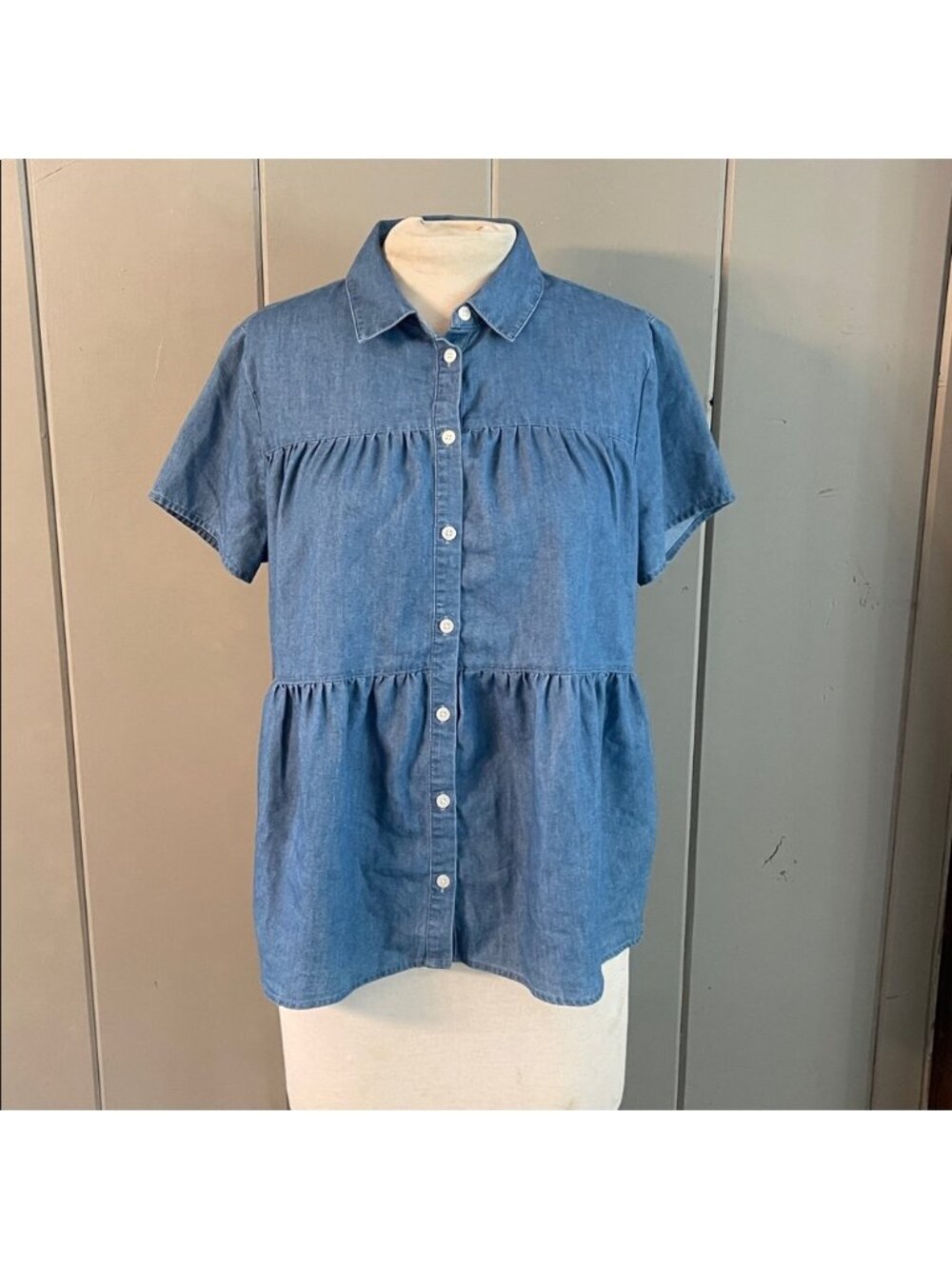 NWT Time Tru Blue Chambray Top Western Cottagecore Soft Girl Prairie Feminine